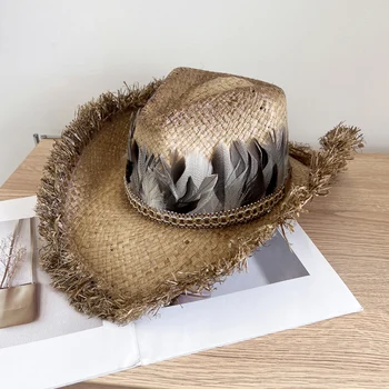 Сламена шапка от лафита в европейския и американския стил за отдих, лятна шапка-козирка за защита от слънцето за почивка на море