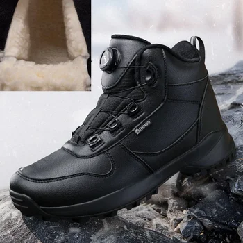 Новост 2024 г., мъжки зимни плюшени обувки с въртящ се бутон, водоустойчива кожа обувки, мъжки ботильоны
