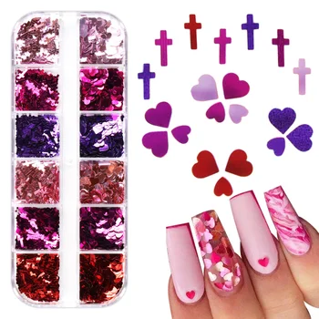 12 мрежи за дизайн на ноктите с розов и червен кръст, лъскави пайети във формата на сърце, на люспи за UV-лак за нокти, аксесоари за украса