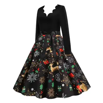 Зимните Коледни рокли За жени и момичета, Винтажное Елегантна вечерна рокля с дълъг ръкав, ежедневна рокля с принтом, черно