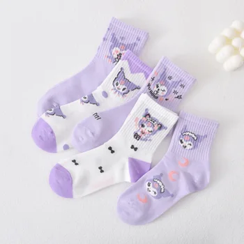 5 чифта Детски памучни чорапи Kuromi с хубав дизайн, модерно лилаво спортни чорапи до средата на прасците, подходящи за деца 2-15 години