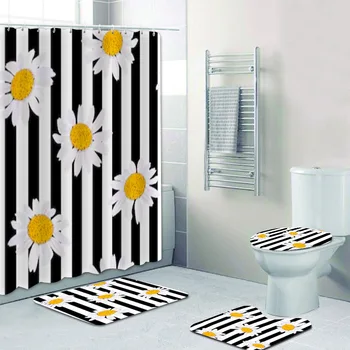 Луксозен комплект завеса за душ с цветя маргаритки, черно-бели ивици, завеса за баня с цветя маргаритки, подложка за тоалетна, подложка за баня