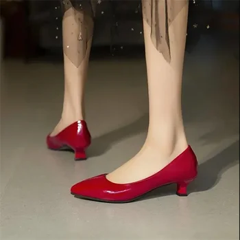 Дамски Модни Червени Пролетни Обувки Без Обков с Остри Пръсти на Квадратен Ток, Жените Класически Черни Кожени Обувки-лодка На ток Sapatos De Mujer H1149
