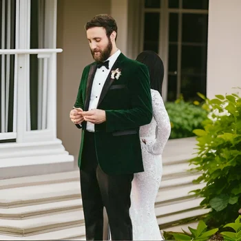 Смокинг булката за сватбата, приталенные мъжки костюми с остроконечным лацканом, зелена кадифена смокинг за кума с панталони, 2 броя, 2024 г. по поръчка
