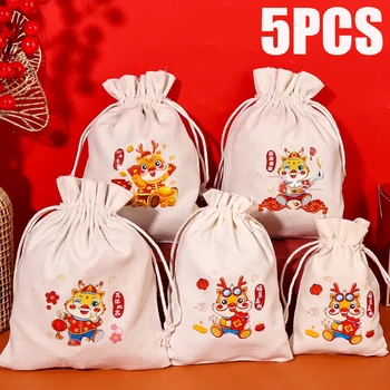 2024 Коледни ленени чанти с анимационни дракон, бонбони, подаръци, чанта за съвсем малък, за опаковане на партита, Чанта за съхранение, Битови чанти, чанта за ориз