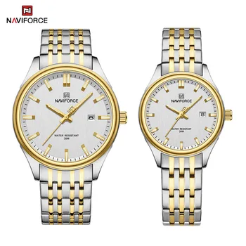 Кварцови часовници на марката NAVIFORCE за двойки, Модерен, лесен календар, Водоустойчив каишка от неръждаема стомана, мъжки и Женски светлинен часовник