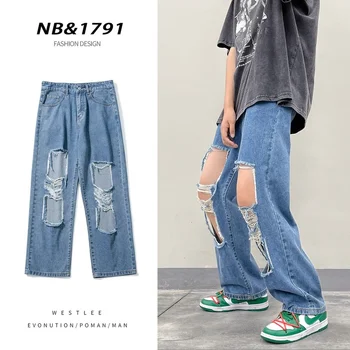 Скъсани дънки, мъжки летни дизайнерски ниша панталони high street ins tide 2022, нови прави панталони в стил хип-хоп