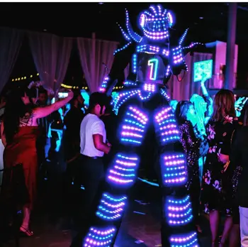 Пиксельный led костюм робот, костюмная облекло, костюм ходунка на кокили, led светлини, цветни елегантни танцови костюми за парти