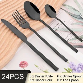 Комплект черна посуда за 6 човека, Нож, Вилица, една Чаена лъжичка, Набор от прибори за хранене от неръждаема стомана, сребърни прибори за домашна кухня в западен стил