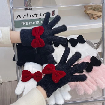 Дамски Кавайные топли ръкавици, плюшени ръкавици за целия пръст, носи вратовръзка със сензорен екран, Ветрозащитная мультяшная Удебелена Зима