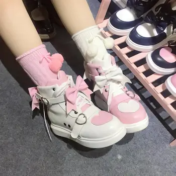 Корейски Сладък стил Харадзюку С лък Принцеса Kawai Дамски обувки За момичета Парти, Защото Дамски обувки с кръгла глава Loli Хелоуин