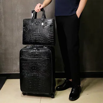 Пътнически багаж от 100% естествена кожа с чанта мъжки глава от телешка кожа универсално колело с крокодиловым модел куфар 20 инча интернатный калъф
