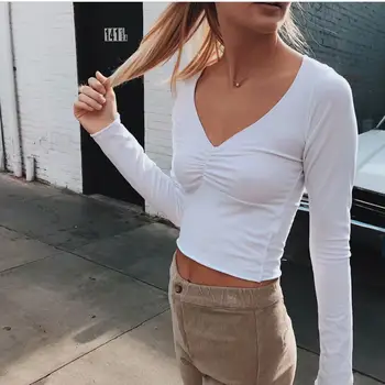 Ретро бял съкратен топ дамски градинска дрехи, ежедневни сексуални тениски за жени тениски с дълъг ръкав топ с рюшами и V образно деколте Есенни тениски дизайнер
