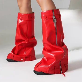 Секси дамски ботуши до коляното с загнутым ръба, Бели, червени, Розови Високи ботуши за жени, зимни фетиш-Дълги вечерни обувки голям размер