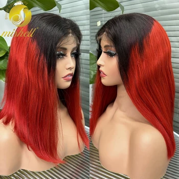T1B-Червен права перука Боб от човешки коси, с прозрачна дантела закопчалка 4x4, кратък права перука за жени, бразилски перуки, направени от коса Remy