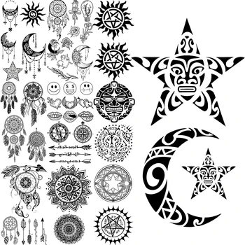 Временни татуировки под формата на Звезда, на Луната, Тики За жени, мъже, Реалистична Мандала-Ловец на сънища, Усмивка, Фалшива Татуировка, Стикер, Окачване, Татуировки на ръцете