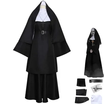 Ретро средновековен костюм монахиня-миссионерки Свещеник Черна рокля в рясе Възрастен мъж Жена Религиозен благочестиви костюм на Католическата църква