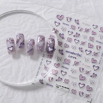 Розови Етикети с лилаво сърце за нокти, Самозалепващи стикери за нокти, Сладко и Сладки Аксесоари за нокти в корейски стил Kawaii, Типсы за нокти, Декорация, Стикер