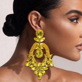 Прекомерно преувеличен жълт планински кристал, обеци голям размер за жени, модни обеци с кристали, луксозни бижута, аксесоари за травестит