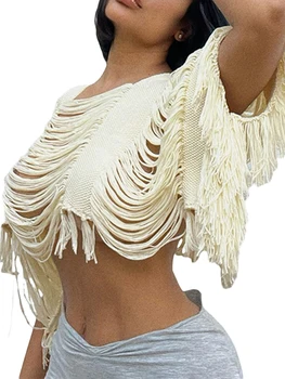 Дамски плетен потник-бикини с ръкави 3-4, квадратен силует, монофонични плажен пуловер-маскарад, съкратен жилетка