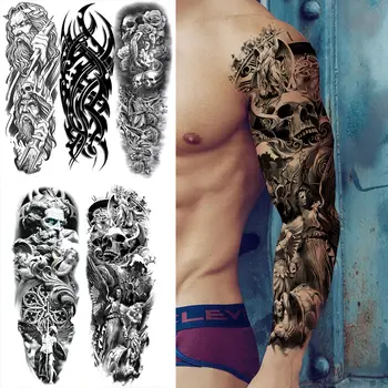 Черни Временни татуировки под формата на Черепа на Хелоуин, на ръкав за мъже и жени, Реалистична стикер с татуировка Тотема Рози Дявола, Голяма Татуировка на цялата ръка