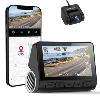 Двухобъективная Автомобилна Камера 2k 1440P Отпред и отзад С Линия IR за Нощно Виждане 24-часово Откриване на Движение, Паркинг G-сензор, Вградени GPS камери
