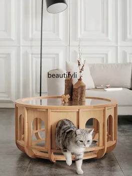 Дневна от масивно дърво кръгла Стъклена Маса Модерен Чай масичка Домашен масичка за котки кръг