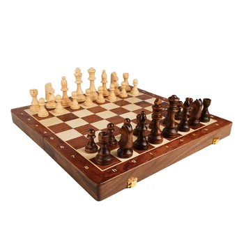 Комплект дървени шахматни дъски за международна игра на шах, 15 инча, сгъваема шахматна дъска с изработени шахматными фигури и отделения за съхранение