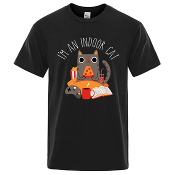 Мъжки памучен тениска с къс ръкав, тениска с принтом едър котка седи и поглъщащ пица в стил хип-хоп