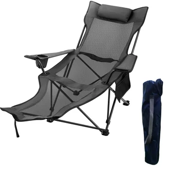 Сгъваем походный стол с товароподемност 330 килограма с поставка за краката, мрежест шезлонг с подстаканником и чанта за съхранение, страничен джоб за съхранение