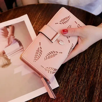 Нов модерен портфейл от изкуствена кожа, женски дълъг портфейл, чанта със златни кухи листа, чанта за жени, портфейл за монети, държачи за карти, клатч