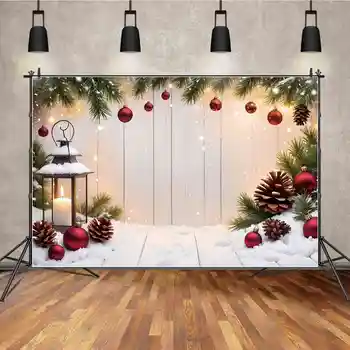 ЛУНАТА.QG Фон Коледна бяла дървена дъска, Фоново украса за фотозоны Борова топка, свещ, Подпори за фотография, Аксесоари