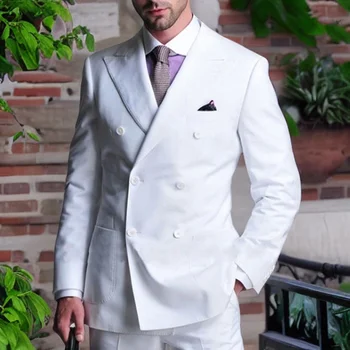 Двубортные Мъжки Костюми Slim Fit за Сватбени партита, 2 броя, Бял Смокинг на Младоженеца, Мъжки Моден костюм (Яке + панталон 2023