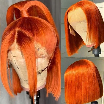 Оранжево-червени перуки, изработени от човешка коса на съвсем малък отпред За жени Перука с къса кост и пряк Боб HD Прозрачен Дантелен перука Бордо Перука от човешка коса