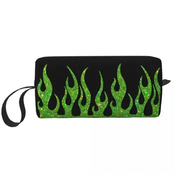 Зелен Блясък на Пламъците Косметичка За грим Козметични Органайзер За пътуване Модерен Ретро Огън Естетически Съхранение чанта за тоалетни принадлежности Dopp Kit Кутия Case