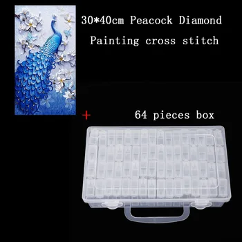 Диамантена рисувани Павлина с 64 диаманти, Аксесоари за рисуване, Кутия за съхранение на Инструменти, мъниста, титуляр на съда, кутия за рисуване Daimond