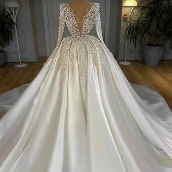 Сватбена рокля на Принцеса С Дълбоко V-образно деколте И Дълъг Ръкав, Расшитое Перли, Дубайское Атласное Сватбена Рокля По Поръчка 2023