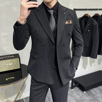 Мъжки двубортный костюм S-7XL (костюм + жилетка + панталони) един Стилен и красив бизнес Корейски оборудвана костюм на райета, комплект от 3/2 теми