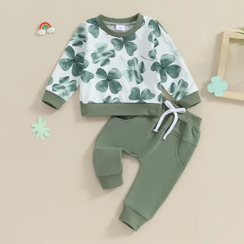 Дрехи за малките момчета в Деня на Св. Патрик, зелени блузи с дълги ръкави и дълги штанами с принтом централи, комплект ирландски дрехи от 2 теми