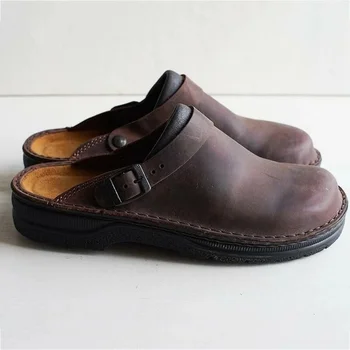 Кожени чехли в британския стил, с дебели подметки, мъжки обувки с квадратни пръсти, нескользящая плажни обувки на равна подметка, голям размер 38-48