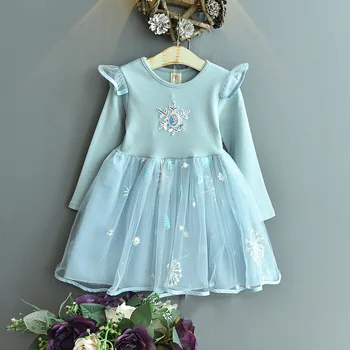 Ново есента рокля за момичета 2024 г., скай-синя рокля от пухкава прежда с дълги ръкави, на тенденциите, детски поли