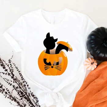 Прекрасна тениска с изображение на котка и забавно картина, дамски тениски с тиква за Хелоуин, модерен принт, дамски дрехи, блузи, тениски, Бяла базова тениска