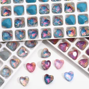 15шт Кристали за нокти-арт, Разноцветни блестящи стъклени скъпоценни камъни във формата на сърце, направени със собствените си ръце за 3D стикери, декорация за нокти-арт, окачване 8х8 мм
