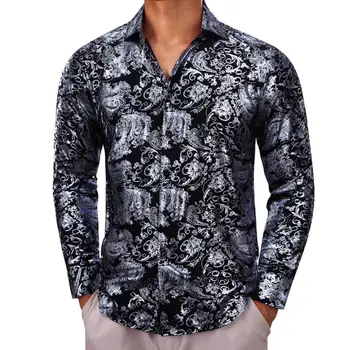 Дизайнерски ризи за мъже, Копринени, с дълъг ръкав, Сребристо-черен, в цветенце, Приталенные Мъжки Блузи, Ежедневни блузи, Дишаща градинска облекло Бари Уонг