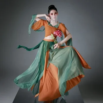 Hanfu Dunhuang Flying Goddess Елегантни брючные поли с пайети За практикуване на бойни изкуства, етнически танци, газови костюми за изпълнения