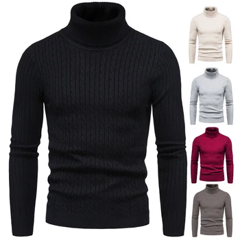 Есенно-зимния нов мъжки пуловер с висока воротом 2023, обикновен пуловер, вязаный плътен и топъл топ