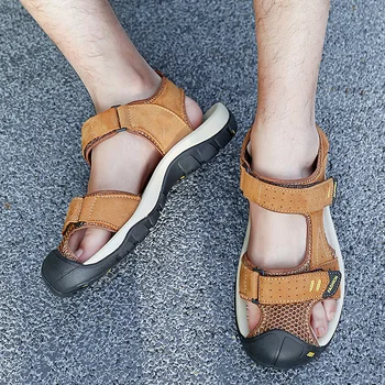 Мъжки сандали от естествена кожа със затворени пръсти, рибарско плажната обувки, нескользящая туризъм градинска обувки 2023, Летни спортни сандали на платформа