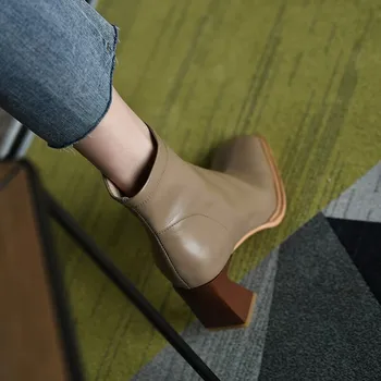 Дамски обувки 2023, Модни дамски ботильоны от изкуствена кожа, Елегантни и модерни обувки, дамски обувки на квадратен ток с цип отстрани, женски обувки в масивна обувки с квадратни пръсти