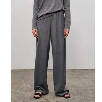 Пролетно-есенни ниша панталони във френски стил 2024 година от минималистичной драперии и утягивающих тъкани от камгарна смес с еластичен ластик на талията