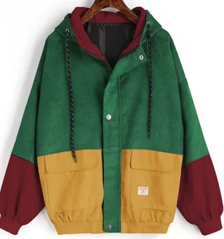 VOLALO Color Block Лоскутные вельветовые якета с качулка Мъжки хип-хоп качулки джоб на Палтото Мъжки ежедневни градинска дрехи Връхни дрехи
